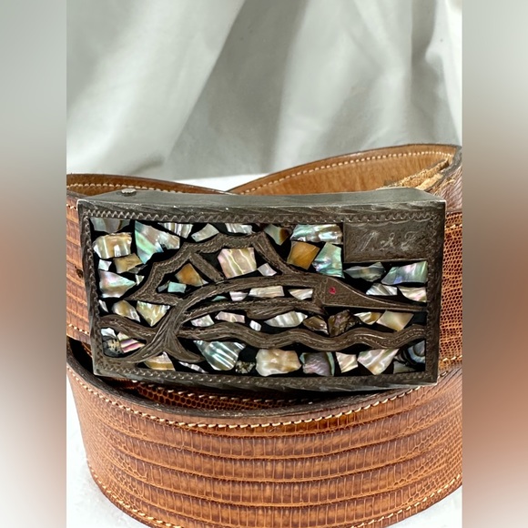 Vintage sterling 925 abalone belt buckle marlin Tony Lama lizard Mexico size 38 - Picture 3 of 15